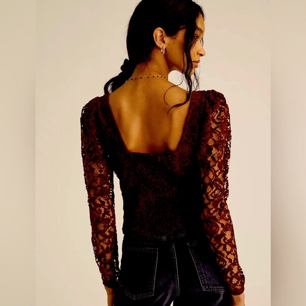 NWT Anthropologie Wine Crop Sweetheart Lace long sleeve Blouse Top Size Large
